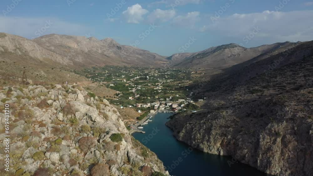 Drone shot, strait near Vathy, Vathifjord, Kalymnos, Dodecanese, Greece, Europe Drone shot, strait near Vathy, Vathifjord, Kalymnos, Dodecanese, Greece, Europe