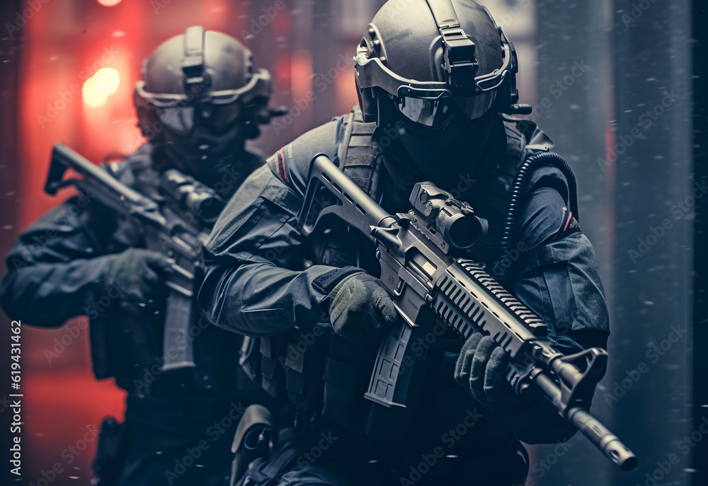 Naklejka premium special forces squad with tactical gear, M4 rifles Generative AI