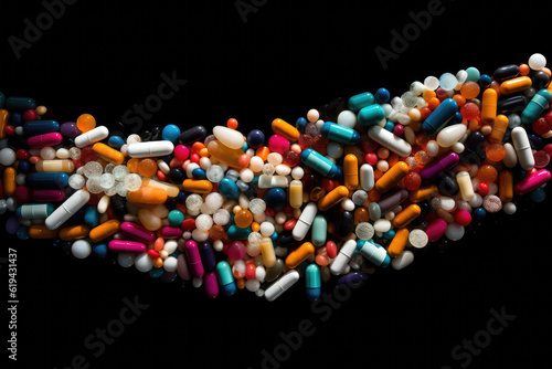 The concept of drug interactions, featuring an array of colorful pills. The complexity of pharmacological interactions, emphasizing the need for medical guidance in medication use