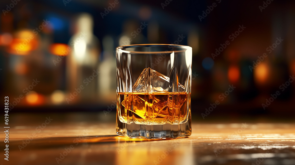 a glass of scotch whiskey on the bar, alcohol club nightlife countertop. Generative AI a glass of scotch whiskey on the bar, alcohol club nightlife countertop. Generative AI
