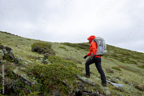 Hiking woman on high altitude mountain top