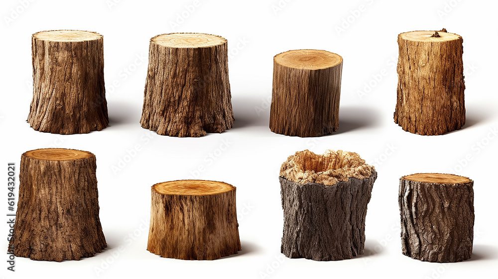 collection of wooden stumps isolated on a white background. Generative AI collection of wooden stumps isolated on a white background. Generative AI