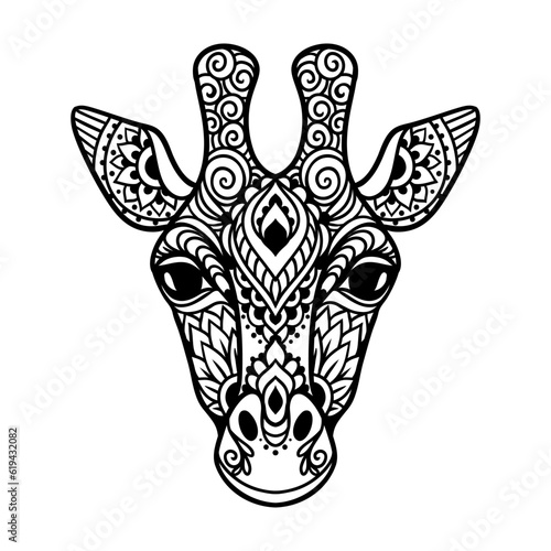 Giraffe mandala. Vector illustration. Adult coloring page. animal in Zen boho style. Sacred, Peaceful. Tattoo print ornaments. Zoo logo