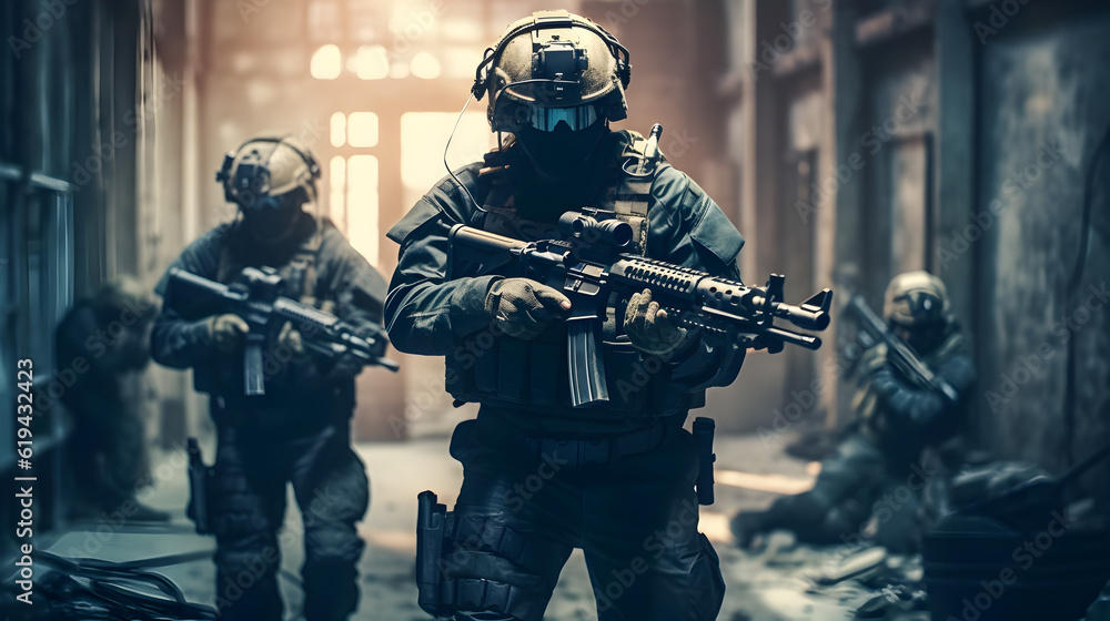 special forces squad with tactical gear, M4 rifles Generative AI special forces squad with tactical gear, M4 rifles Generative AI
