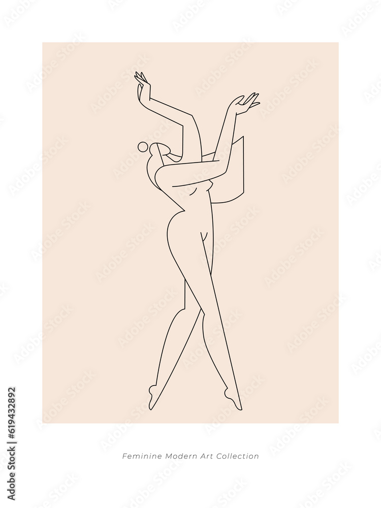 Contemporary modern poster. Woman silhouette, nude female body in abstract pose, feminine figure design. Line art. Femininity, Mid century beauty concept for wall art decor, print. Vector illustration