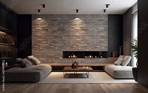 Minimalist Interior with Stone-Tiled Decorated Fireplace. Generative AI