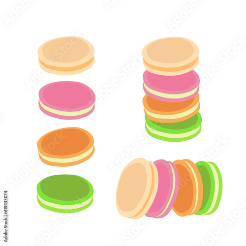 Stack of colorful macarons, macaroon almond cakes vector illustration isolated on white background. Stack, pile of colorful almond macaron, macaroon biscuits, sweet and beautiful dessert