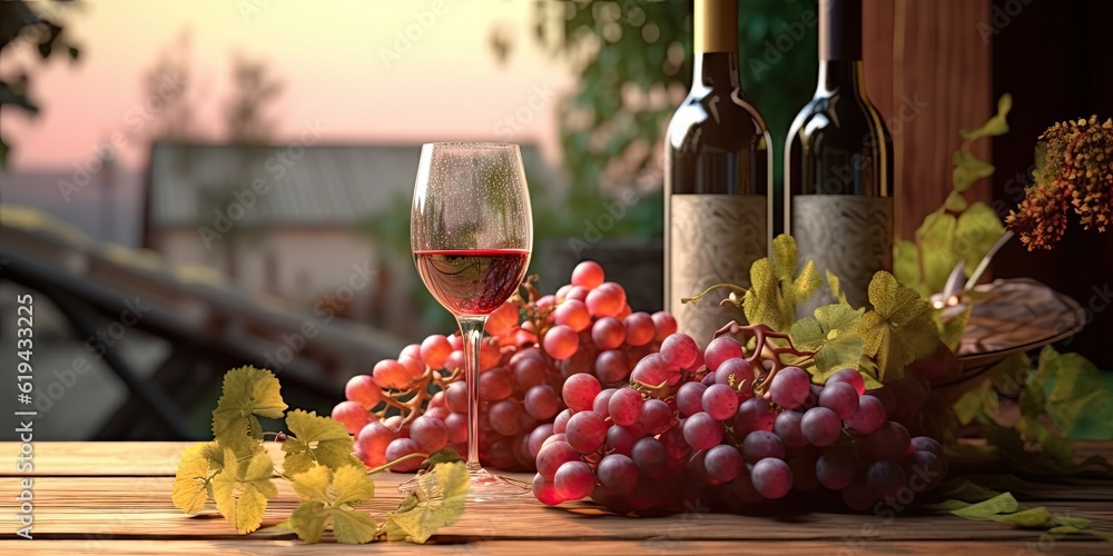 Red Wine Bottle on Wooden Table: Vintage Alcoholic Drink for Celebration and Collection blur background