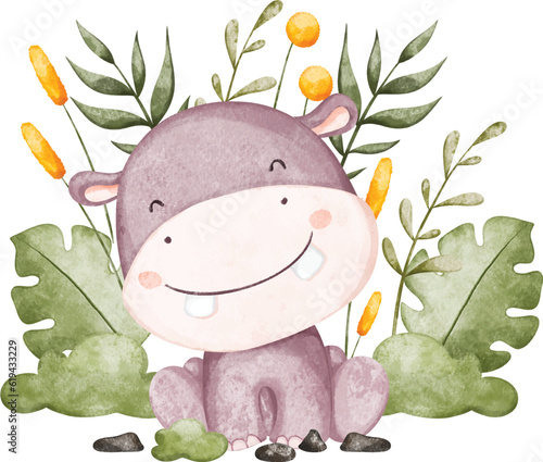 Watercolor Illustration hippo and tropical leaves