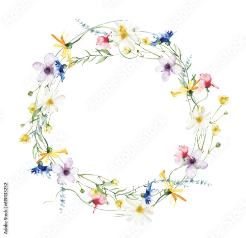 Watercolor painted floral wreath on white background. Yellow, blue, white and pink wild flowers. Vector illustration.