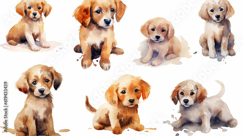 multicolored watercolor puppies on a white background. Generative AI