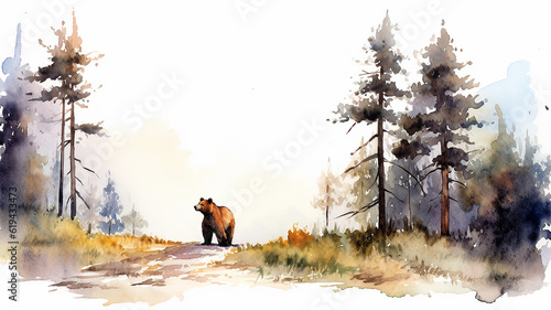 bear walks through the forest watercolor drawing painting on a white background. Generative AI © kichigin19