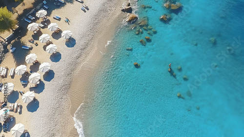 aerial panorama drone view beach line surf umbrellas and sun beds on the sand. Generative AI