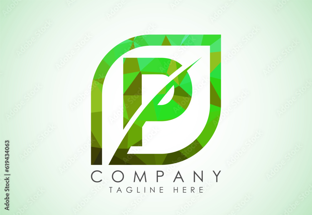 Initial P alphabet with abstract leaf. Eco-friendly logo concept. Low poly style Initial P alphabet with abstract leaf. Eco-friendly logo concept. Low poly style
