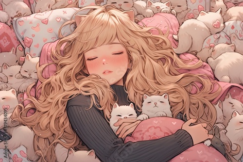 Young woman sleeping together with a lot of cats peacefully in the anime style