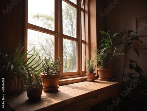 Generative AI, modern room with wooden table and home plants, top view, sunlight, window, background, empty space for advertising goods, food, creativity, dining table, office, workplace, layout, eco