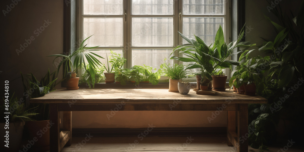 Generative AI, modern room with wooden table and home plants, top view, sunlight, window, background, empty space for advertising goods, food, creativity, dining table, office, workplace, layout, eco Generative AI, modern room with wooden table and home plants, top view, sunlight, window, background, empty space for advertising goods, food, creativity, dining table, office, workplace, layout, eco