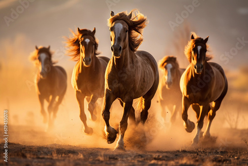 Horses galloping through the savanna  generated photographic background  wild nature  African landscape  warm colours  ai generative