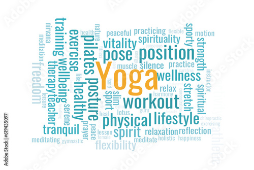 Illustration in the form of a cloud of words related to the Yoga.