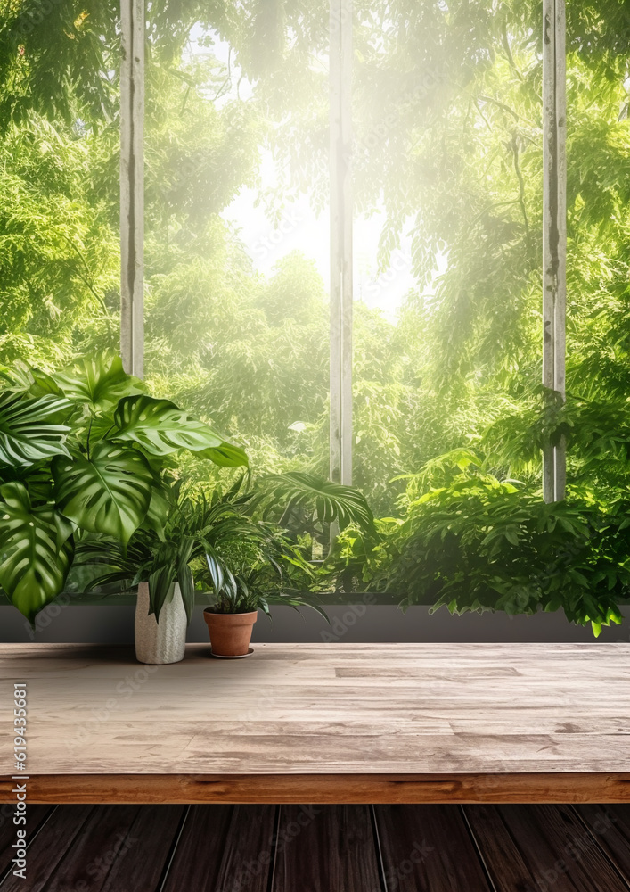 Generative AI, modern room with wooden table and home plants, top view, sunlight, window, background, empty space for advertising goods, food, creativity, dining table, office, workplace, layout, eco Generative AI, modern room with wooden table and home plants, top view, sunlight, window, background, empty space for advertising goods, food, creativity, dining table, office, workplace, layout, eco