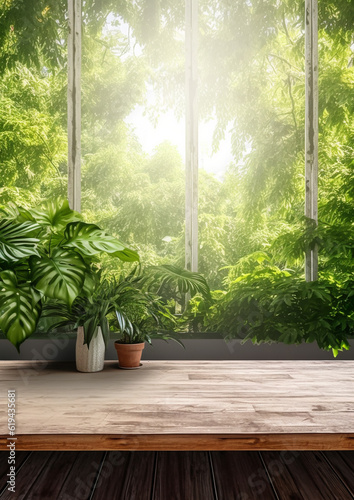 Generative AI  modern room with wooden table and home plants  top view  sunlight  window  background   empty space for advertising goods  food  creativity  dining table  office  workplace  layout  eco