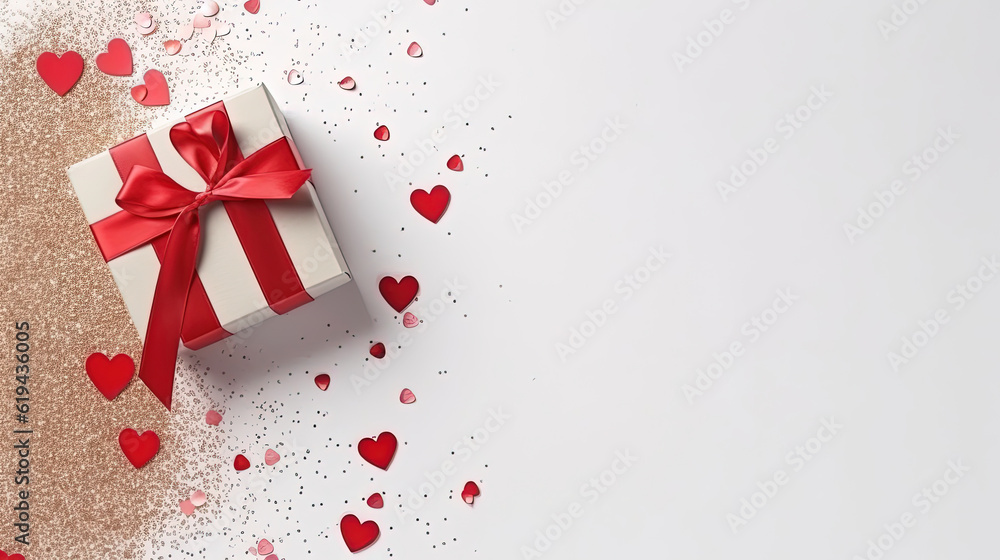 Craft boxes with red ribbon bow and glitter heart confetti. Valentine day concept Craft boxes with red ribbon bow and glitter heart confetti. Valentine day concept