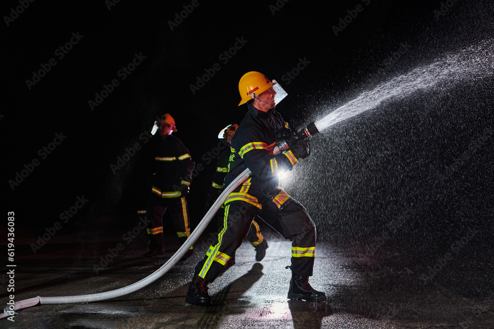 Firefighters using a water hose to eliminate a fire hazard. Team of female and male firemen in dangerous rescue mission. Firefighters using a water hose to eliminate a fire hazard. Team of female and male firemen in dangerous rescue mission.