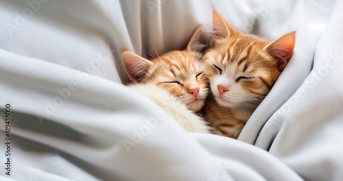 Top view of two small red striped domestic kittens hugging and sleeping in the plaid. Banner is made with Generative AI 