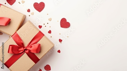 Craft boxes with red ribbon bow and glitter heart confetti. Valentine day concept