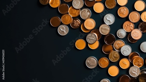 Different coins on solid color bakcground, flat lay