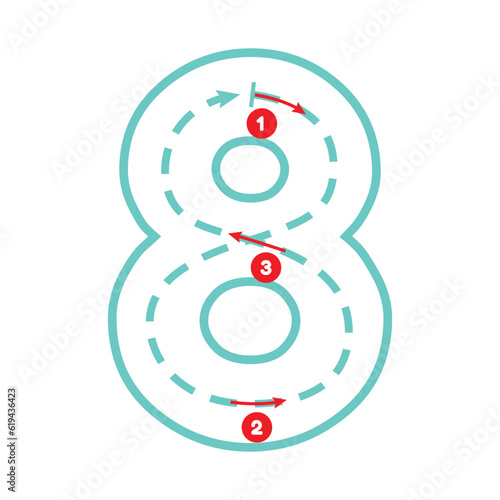 Write number eight with tracing guide. Outline number. Preschool worksheet for kids exercise. Education maths page