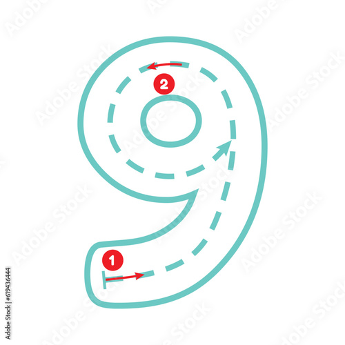 Write number nine with tracing guide. Outline number. Preschool worksheet for kids exercise. Education maths page