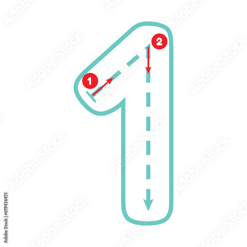 Write number one with tracing guide. Outline number. Preschool worksheet for kids exercise. Education maths page