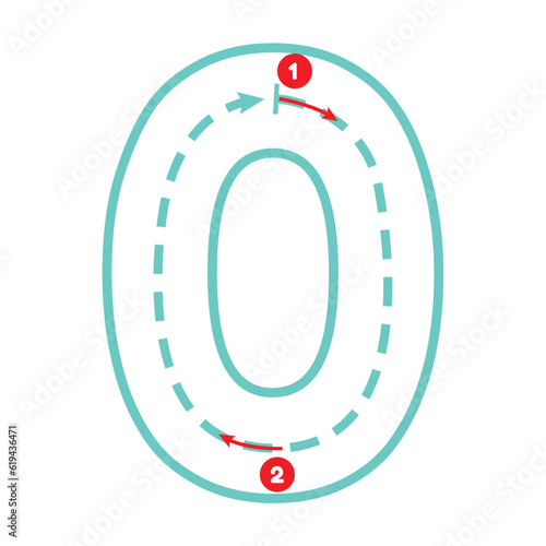 Write number zero with tracing guide. Outline number. Preschool worksheet for kids exercise. Education maths page