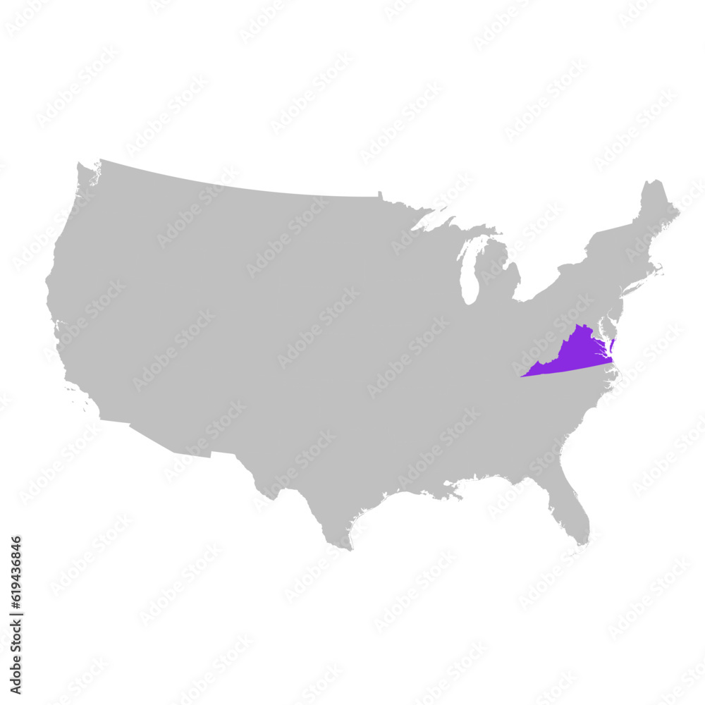Vector map of the state of Virginia highlighted highlighted in purple on map of United States of America.