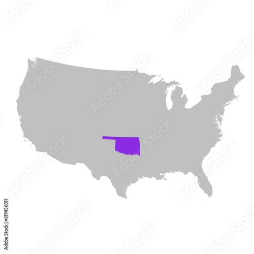 Vector map of the state of Oklahoma highlighted highlighted in purple on map of United States of America.