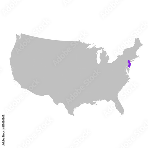 Vector map of the state of New Jersey highlighted highlighted in purple on map of United States of America.