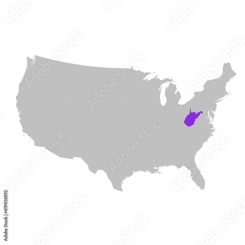 Vector map of the state of West Virginia highlighted highlighted in purple on map of United States of America.