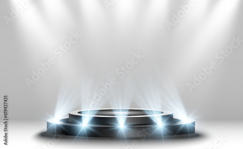 	
Podium, pedestal or platform, illuminated by spotlights in the background. Vector illustration. Bright light. Light from above. Advertising place
