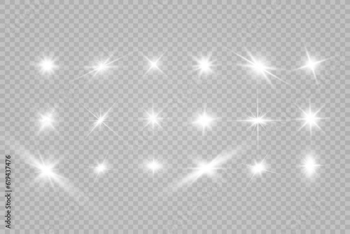 Special lens flash  light effect. The flash flashes rays and searchlight. illust.White glowing light. Beautiful star Light from the rays. The sun is backlit. Bright beautiful star. Sunlight. Glare.  