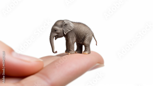 the smallest elephant in the palm of your hand. generative AI. the concept of nature protection on a white background