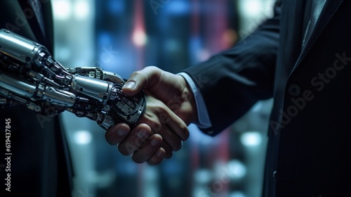 Business handshake between robot and human, Generative AI