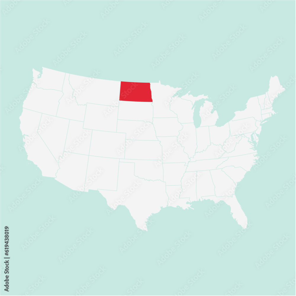 Vector map of the state of North Dakota highlighted highlighted in red on a white map of United States of America.