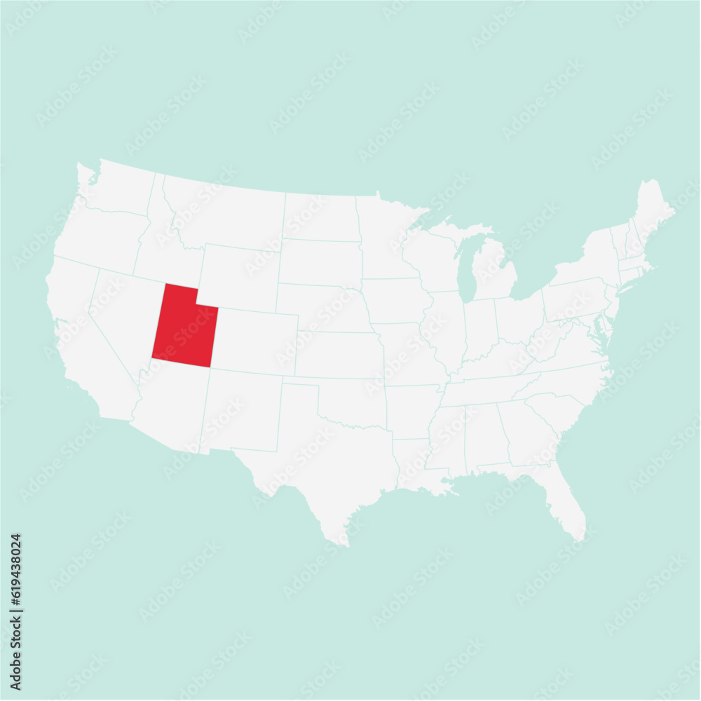 Vector map of the state of Utah highlighted highlighted in red on a white map of United States of America.