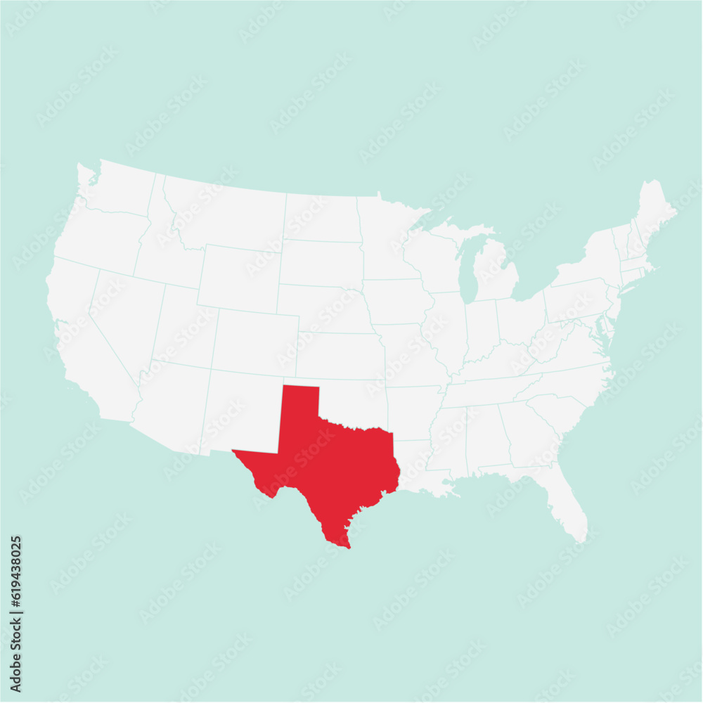 Vector map of the state of Texas highlighted highlighted in red on a white map of United States of America.