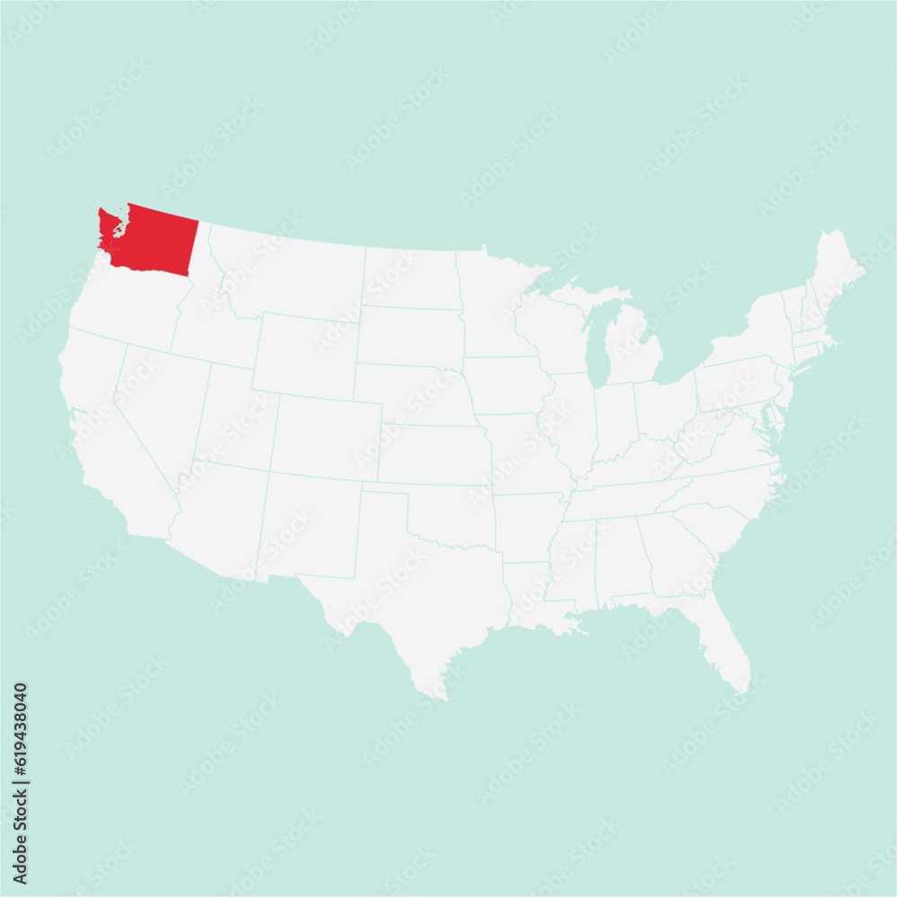 Vector map of the state of Washington highlighted highlighted in red on a white map of United States of America.