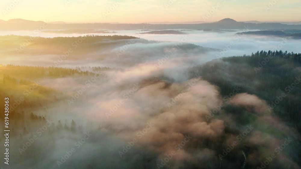 Germany, Baden-Wuerttemberg, region Swabian Forest, Rural landscape with drone view of sunrise with clouds over valley Remstal in autumn, Europe Germany, Baden-Wuerttemberg, region Swabian Forest, Rural landscape with drone view of sunrise with clouds over valley Remstal in autumn, Europe