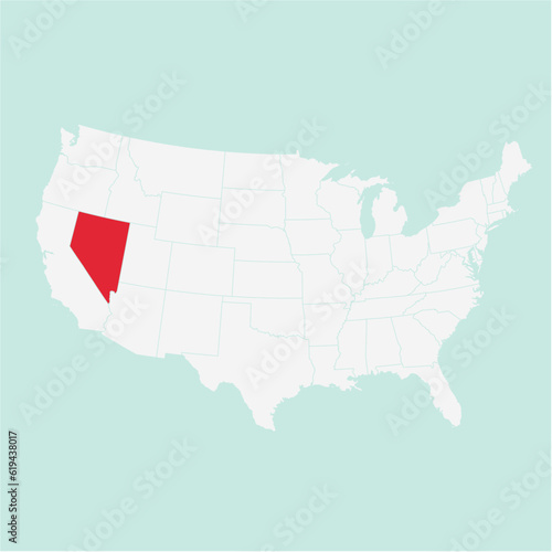 Vector map of the state of Nevada highlighted highlighted in red on a white map of United States of America.