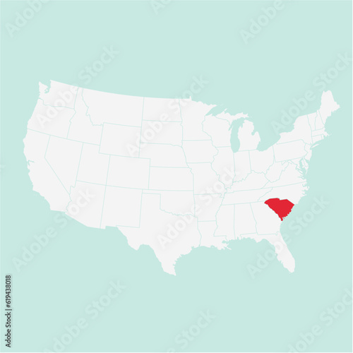 Vector map of the state of South Carolina highlighted highlighted in red on a white map of United States of America.
