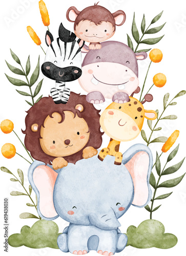 Photography Watercolor illustration Safari animals and leaves